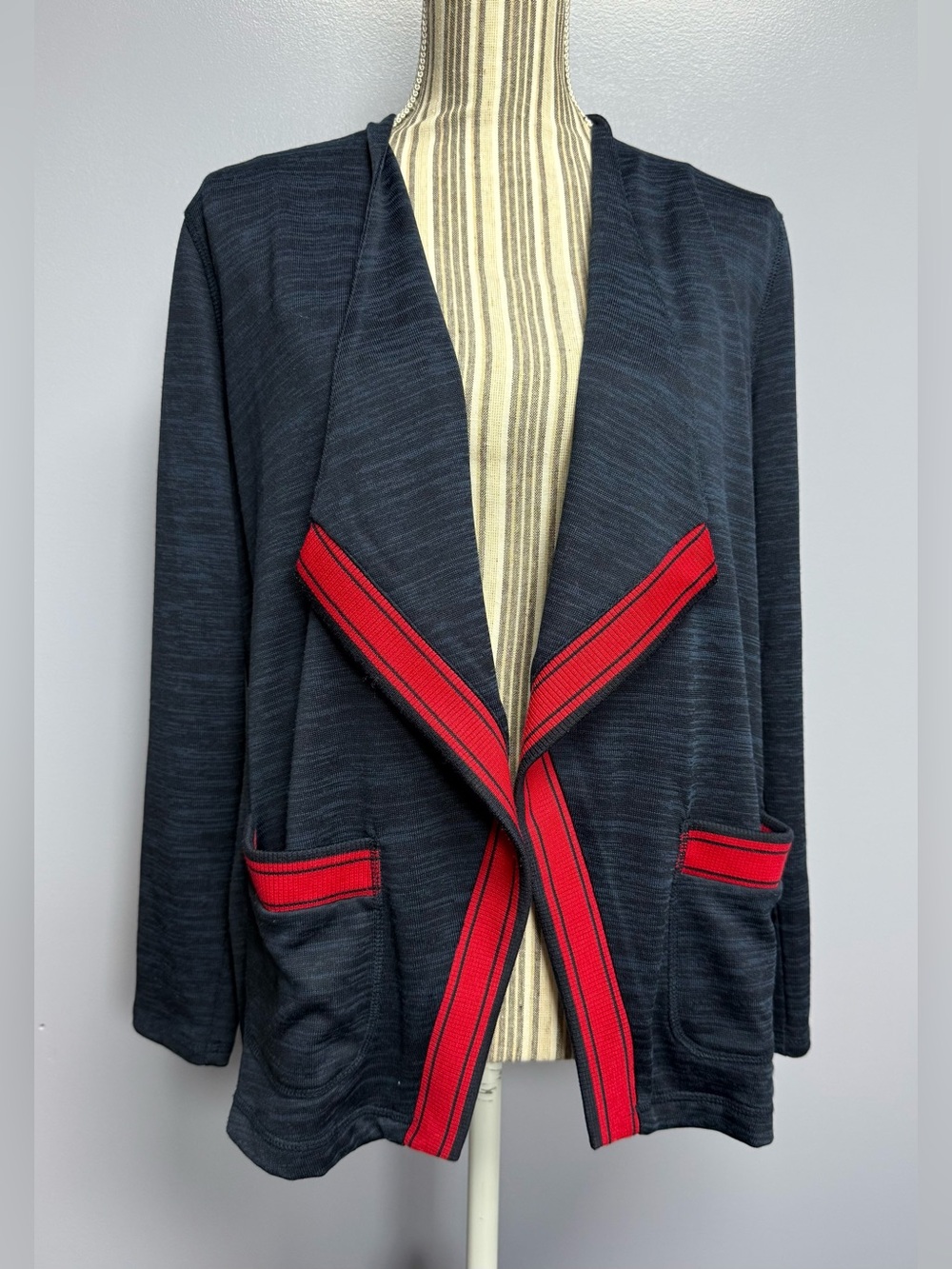 Talbots Navy Open-Front knit Cardigan with Red Trim Women’s MP